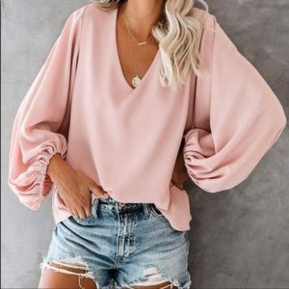 QEARAL Womens XL Deep V Neck Chiffon Blouse Balloon Sleeve Pop Over Fully Lined - Picture 10 of 10